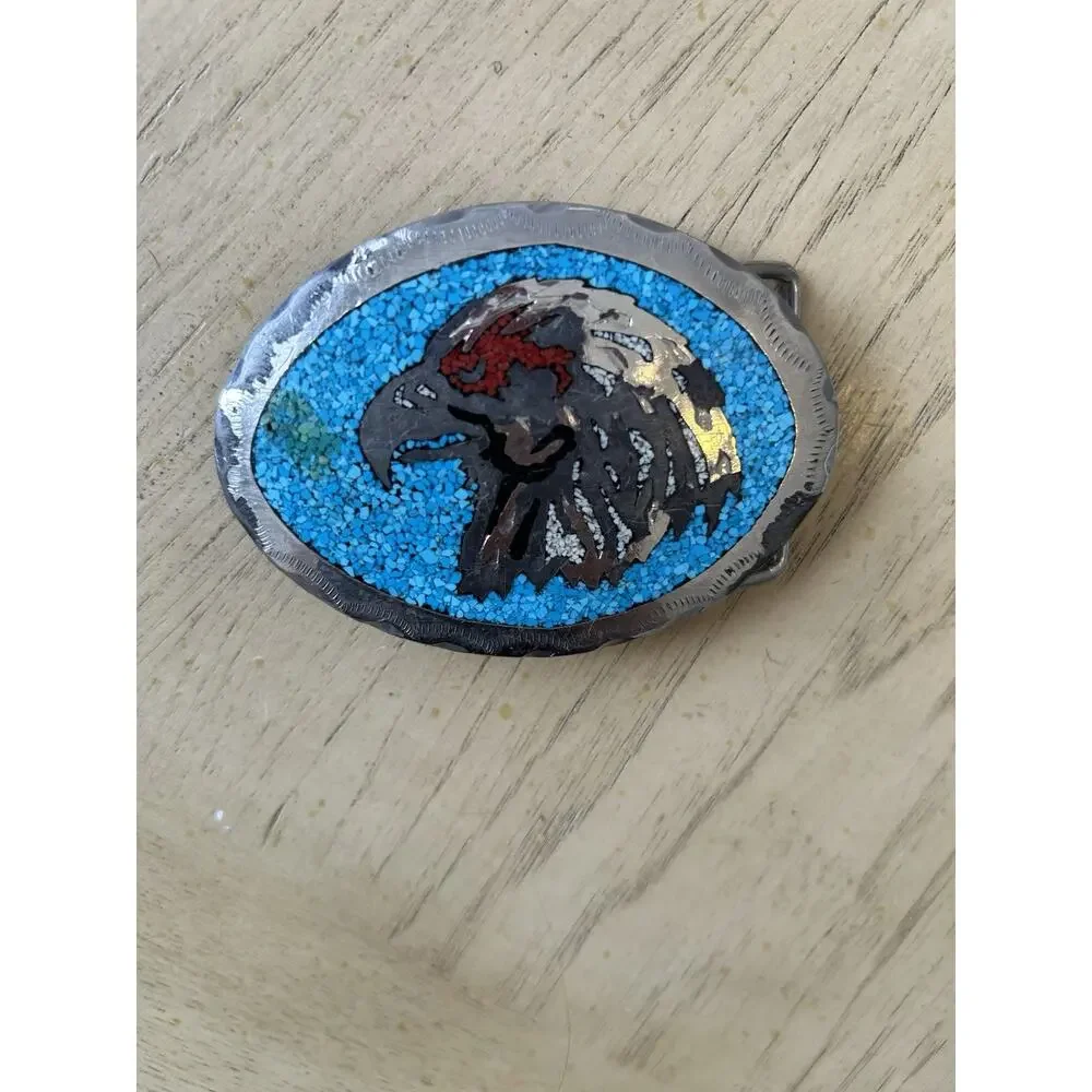 2 VTG EAGLE Belt Buckle Embossed Leather & Silver Turquoise USA American HEAVY